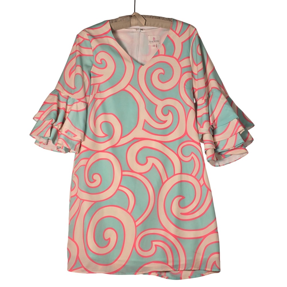 Julie Brown‎ NYC Pink Turquoise Swirl Ruffle Bell Sleeve Shift Dress Size 8